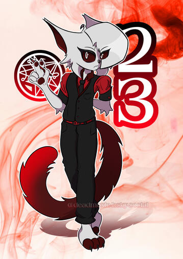 Moxie, the eldritch cat, holding a pen. A sigil and the number 23 linger on the background.